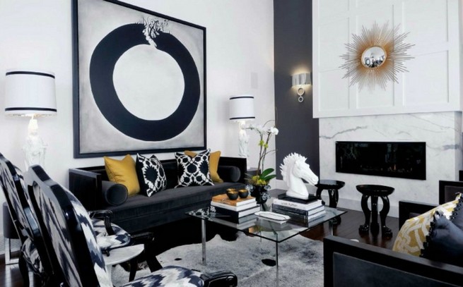 Black and white wall art with yellow