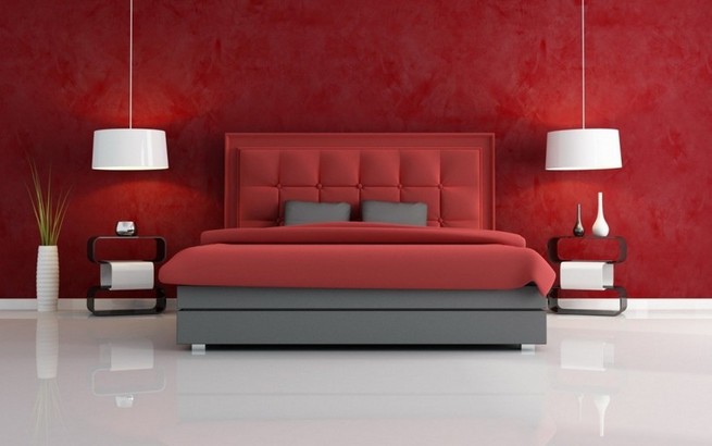 Red wallpaper in bedroom