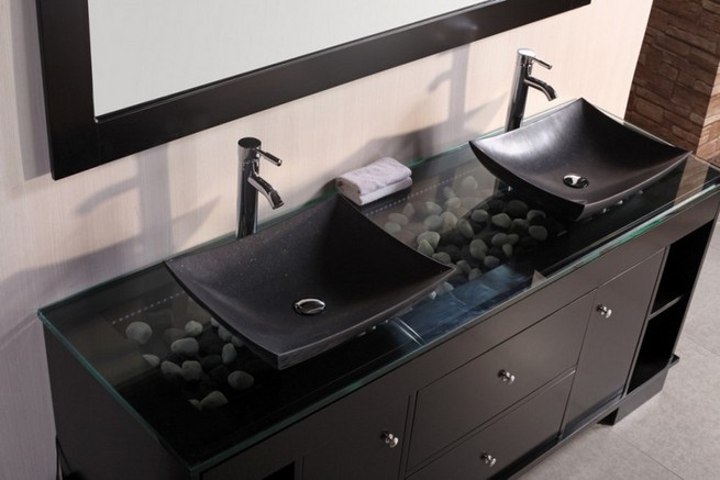 Modern glass top bathroom vanity