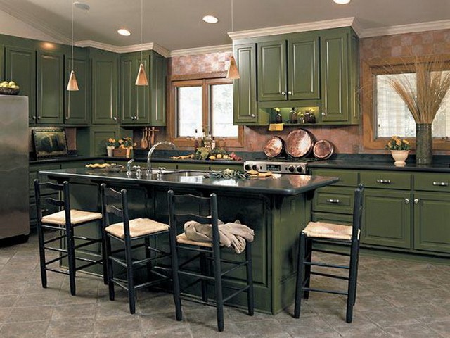 Green rustic kitchen cabinets